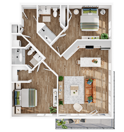 Floor plan for 2 beds, 2 baths, 1050 sqft